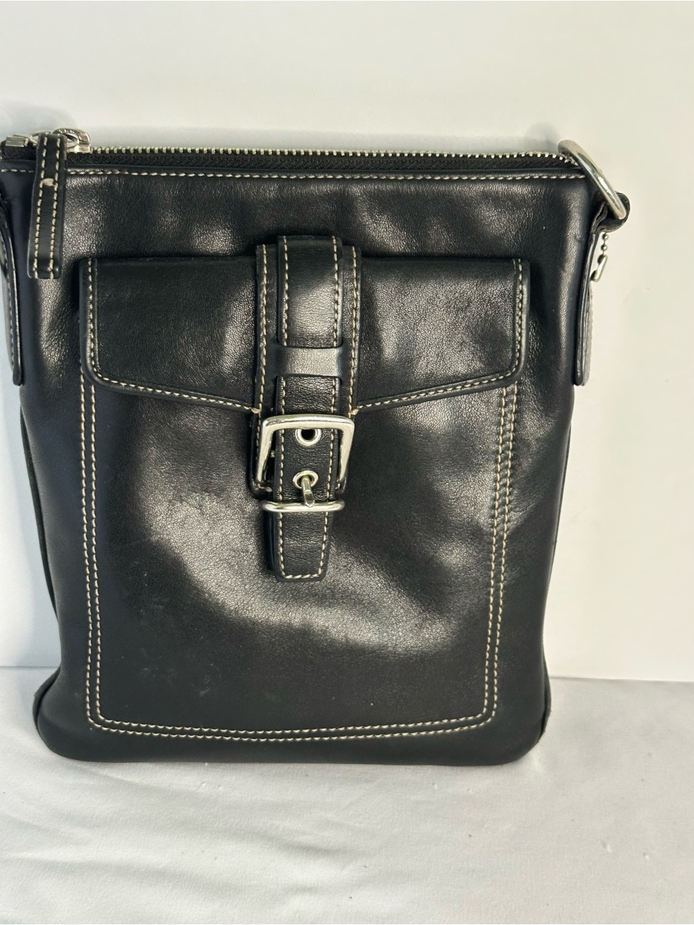 Coach Hampton Vintage Black Leather Crossbody with Front Buckle Pocket